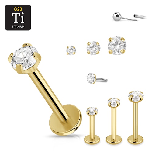 Titanium threadless labret 1.2mm PVD guld med klar "prong-set" cubic zirconia topp