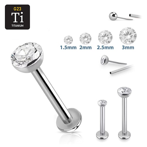 Titanium threadless labret 1.0mm med klar cubic zirconia topp