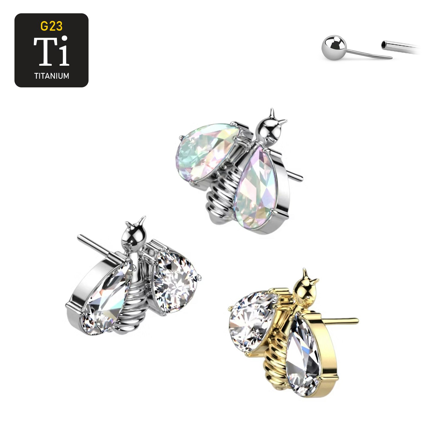 Threadless topp i titanium - Bi med CZ vingar