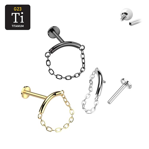 Labret i titanium - invändigt gängad med böjd stav och kedja
