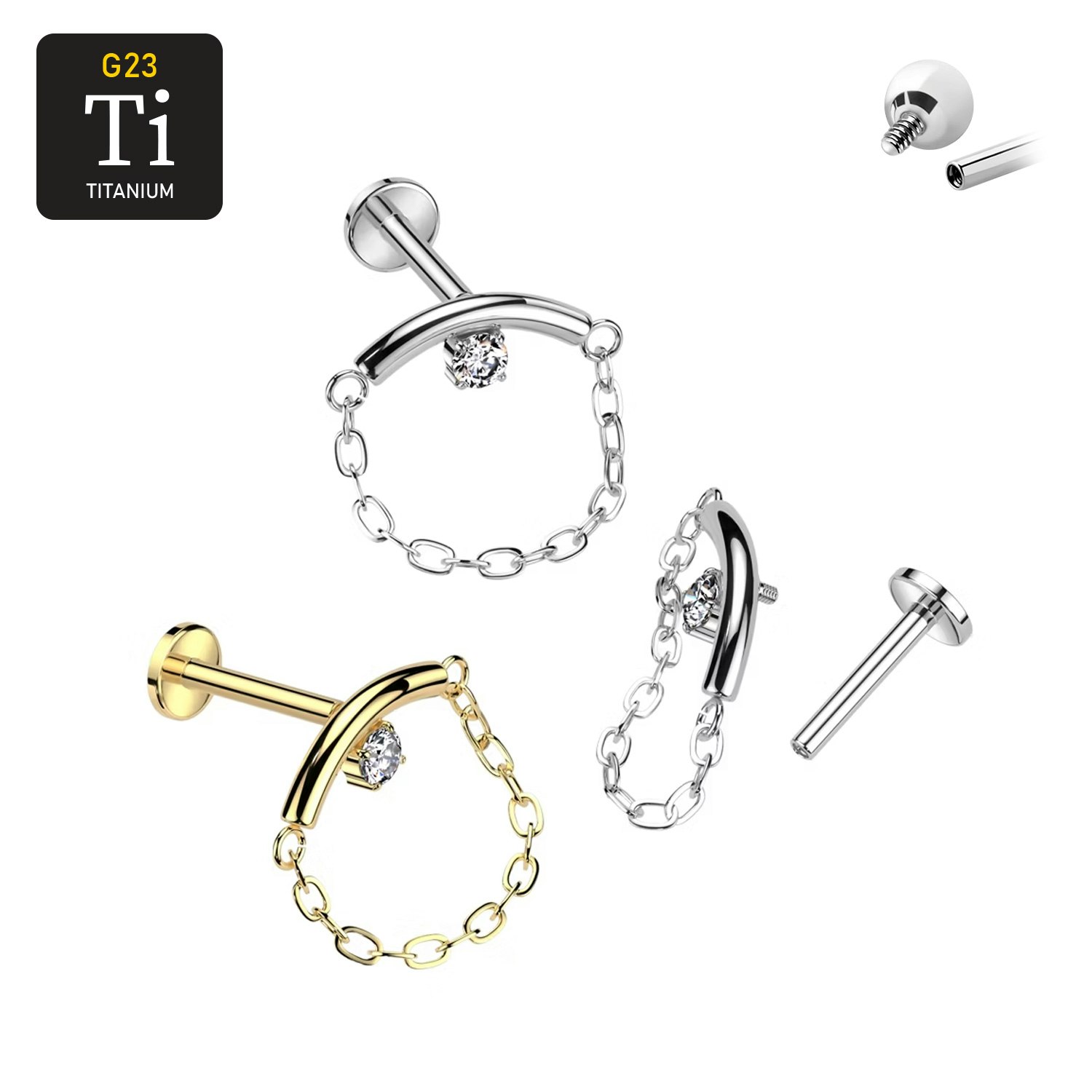 Labret i titanium - invändigt gängad med böjd stav, CZ och kedja