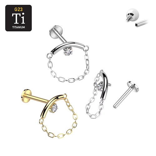 Labret i titanium - invändigt gängad med böjd stav, CZ och kedja