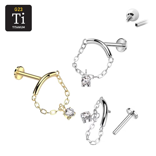 Labret i titanium - invändigt gängad med böjd stav och kedja med hängande CZ