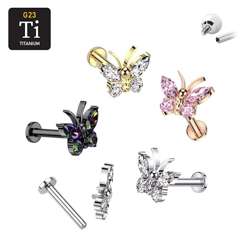 Labret i titanium - invändigt gängad fjäril med CZ
