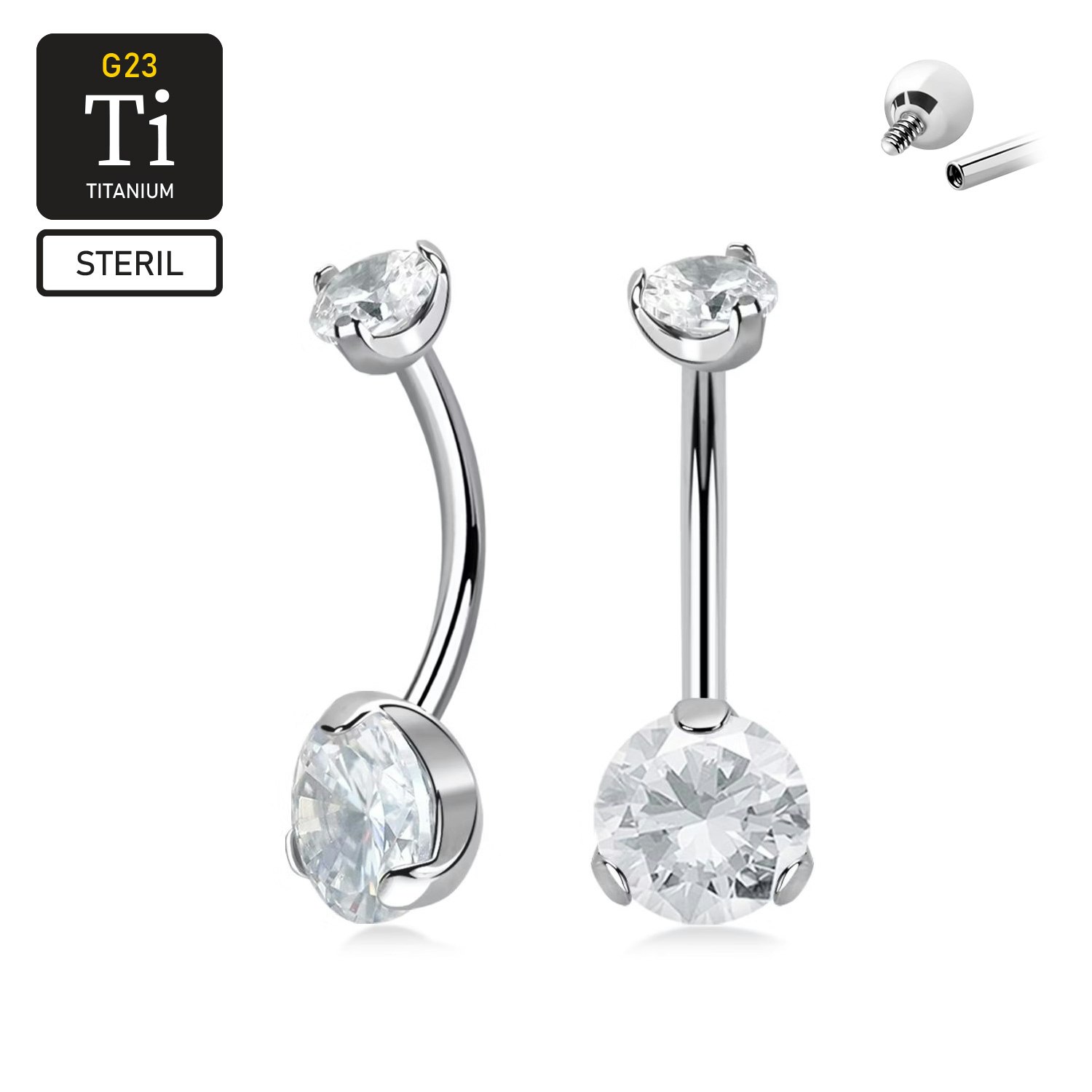 Steril navelsmycke i titanium - invändigt gängad med 8mm klar cubic zirconia