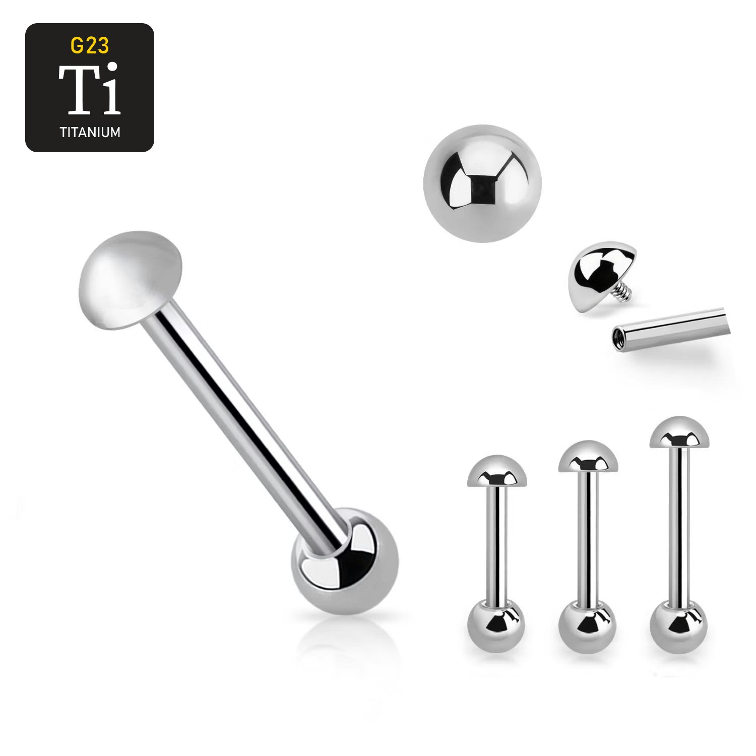 Barbell i titanium - invändigt gängad 1.6mm med 5mm halvkula