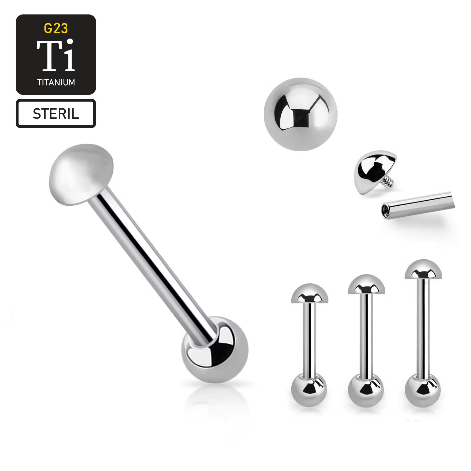 Steril barbell i titanium - invändigt gängad 1.6mm med 5mm halvkula