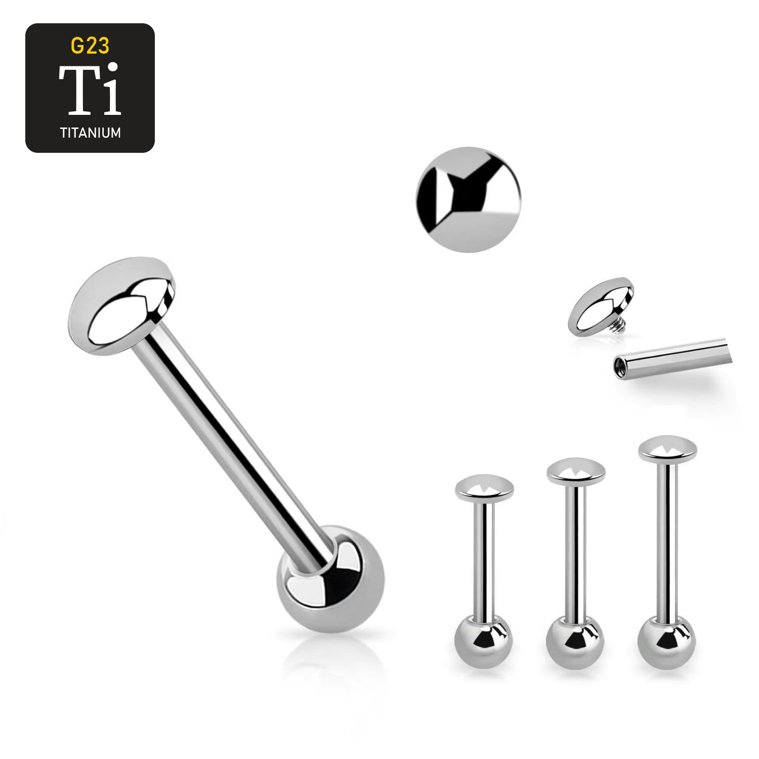 Barbell i titanium - invändigt gängad 1.6mm med 5mm platt dome topp