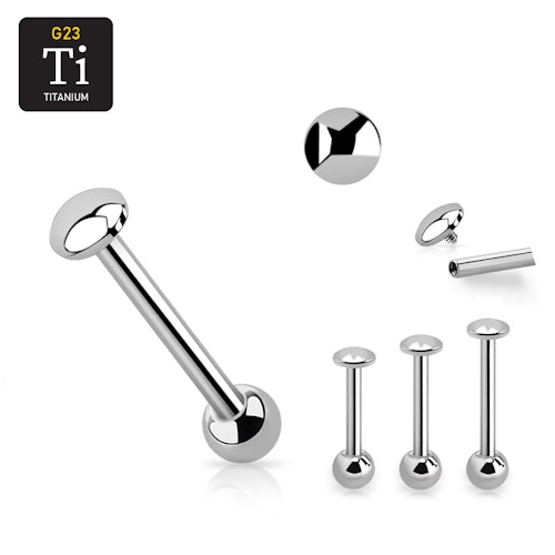 Barbell i titanium - invändigt gängad 1.6mm med 5mm platt dome topp