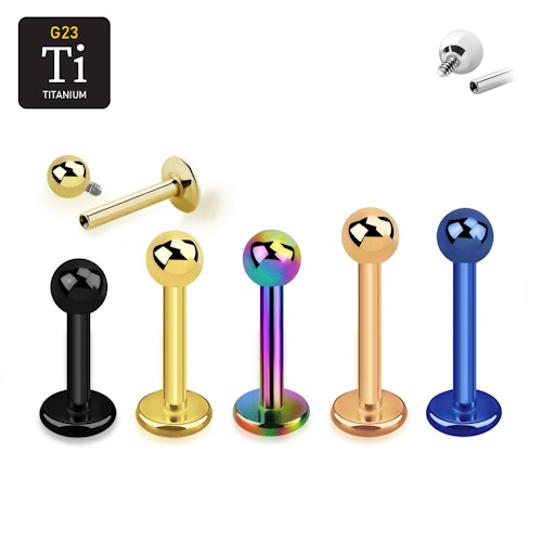 Labret i PVD pläterad titanium - invändigt gängad 1.2mm med 3mm kula