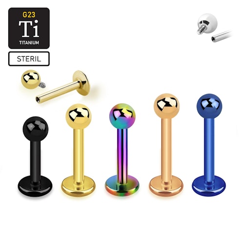 Steril Labret i PVD pläterad titanium - invändigt gängad 1.2mm med 3mm kula