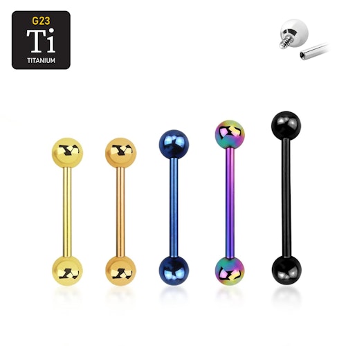 Barbell i PVD pläterad titanium - invändigt gängad 1.6mm med 5mm kulor
