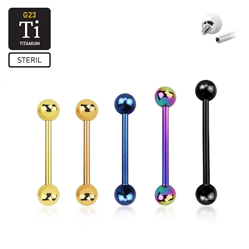 Steril barbell i PVD pläterad titanium - invändigt gängad 1.6mm med 5mm kulor
