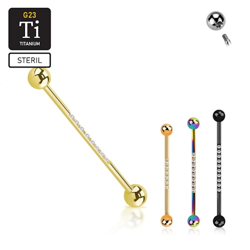 Steril titanium industrial barbell - PVD pläterad 1.6mm med 5mm kulor och 1.5mm CZ