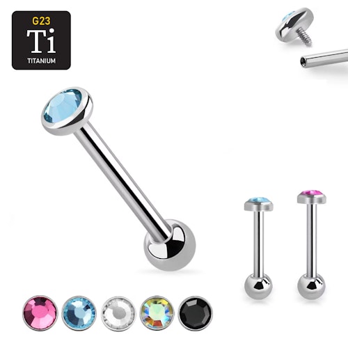 Barbell i titanium - invändigt gängad 1.6mm med 5mm platt crystal topp