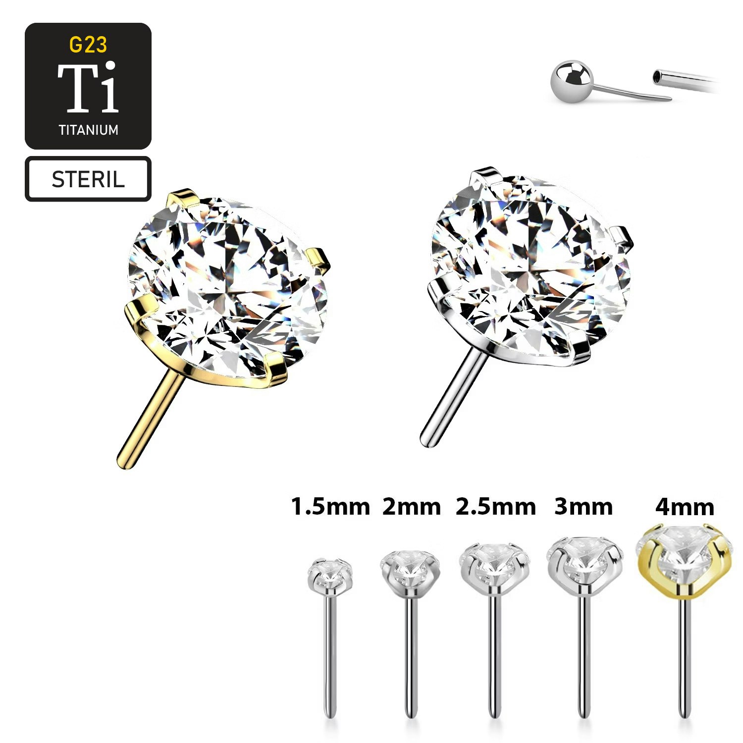 Steril Threadless topp i titanium med prong-set cubic zirconia