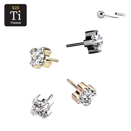 Threadless topp i titanium - Prong-set fyrkantig CZ