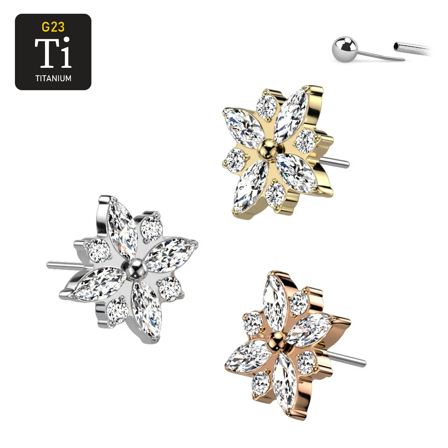 Threadless topp i titanium - 10mm CZ blomma