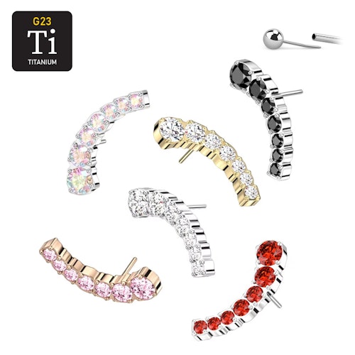 Threadless topp i titanium - Böjd topp med 7st "prong-set" CZ