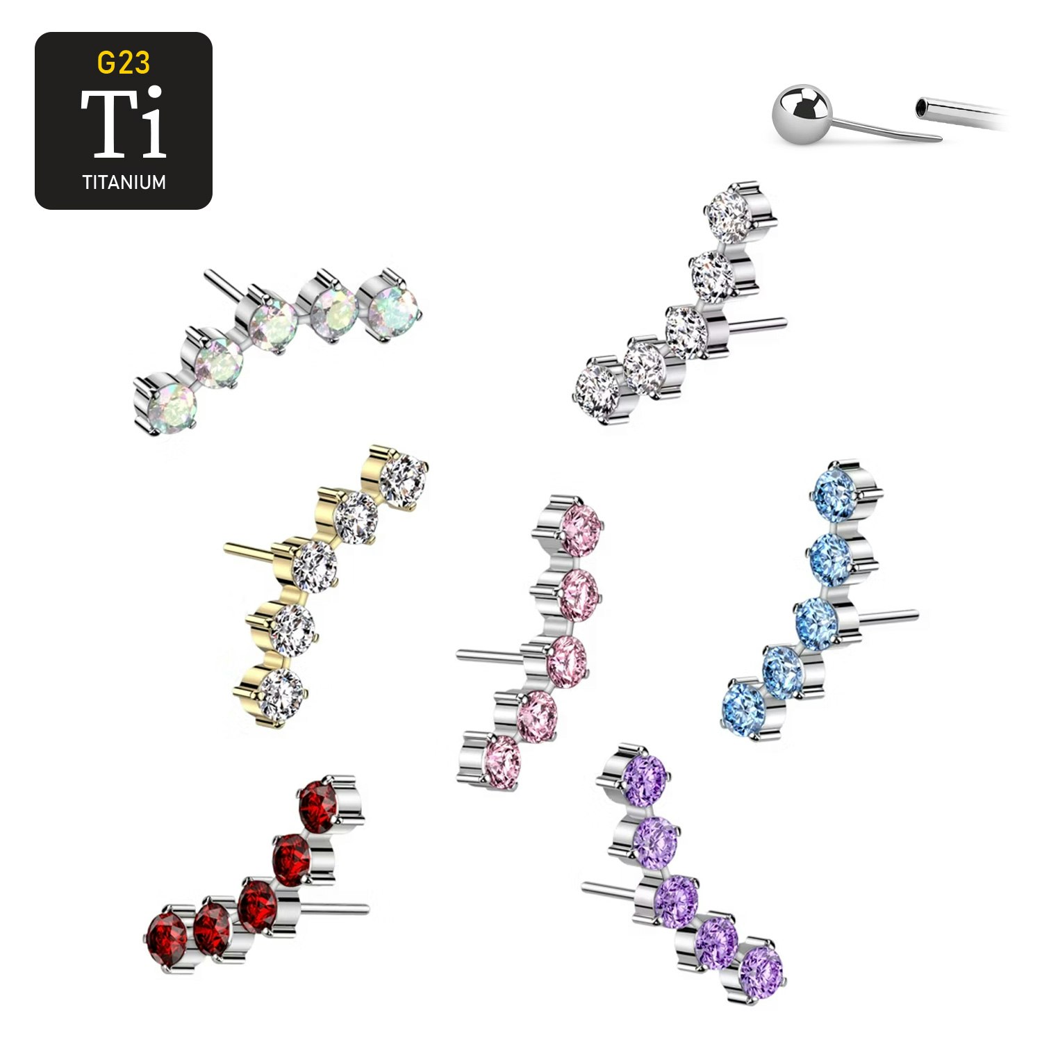 Threadless topp i titanium - Böjd topp med 5st CZ