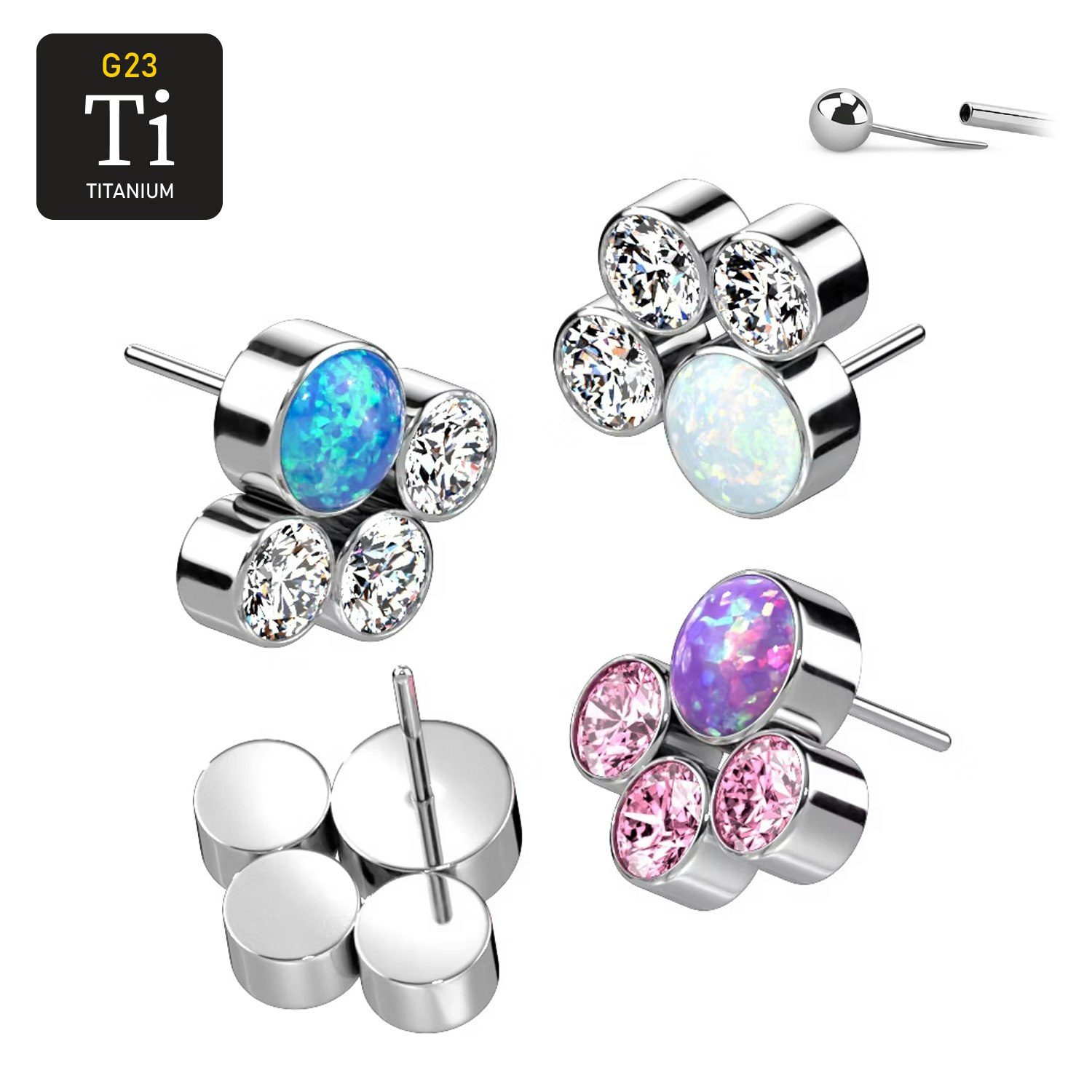 Threadless topp i titanium - kluster med 3st CZ och centrerad opalit