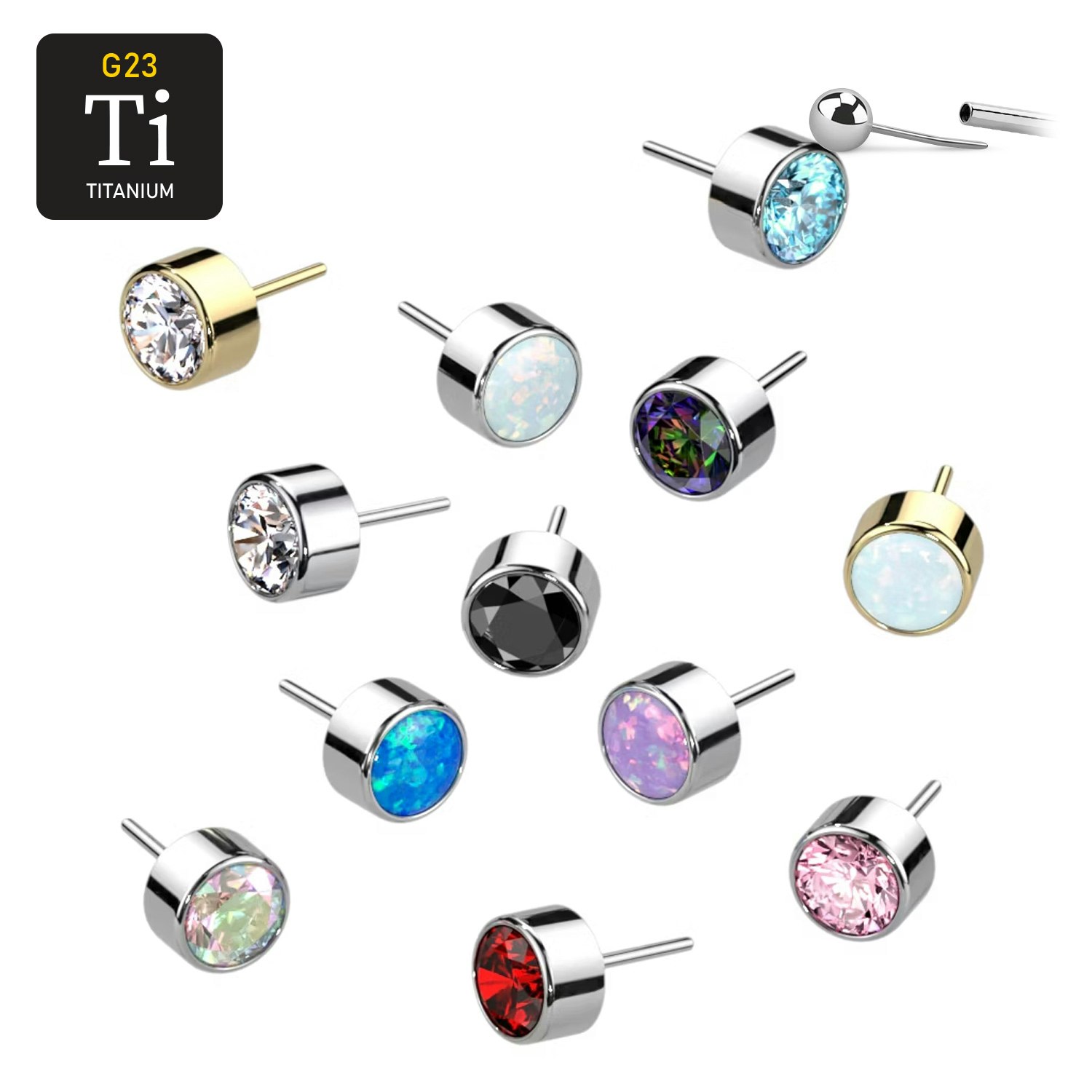 Threadless topp i titanium - Cylinderformad topp med CZ eller opal
