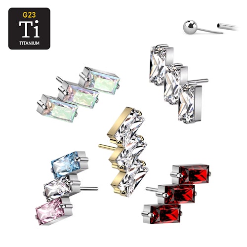 Threadless topp i titanium - 3st baguettslipade CZ