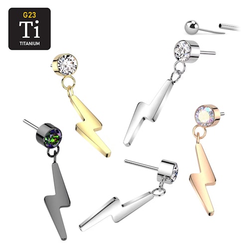 Threadless topp i titanium - Rund topp med CZ och hänge med blixt