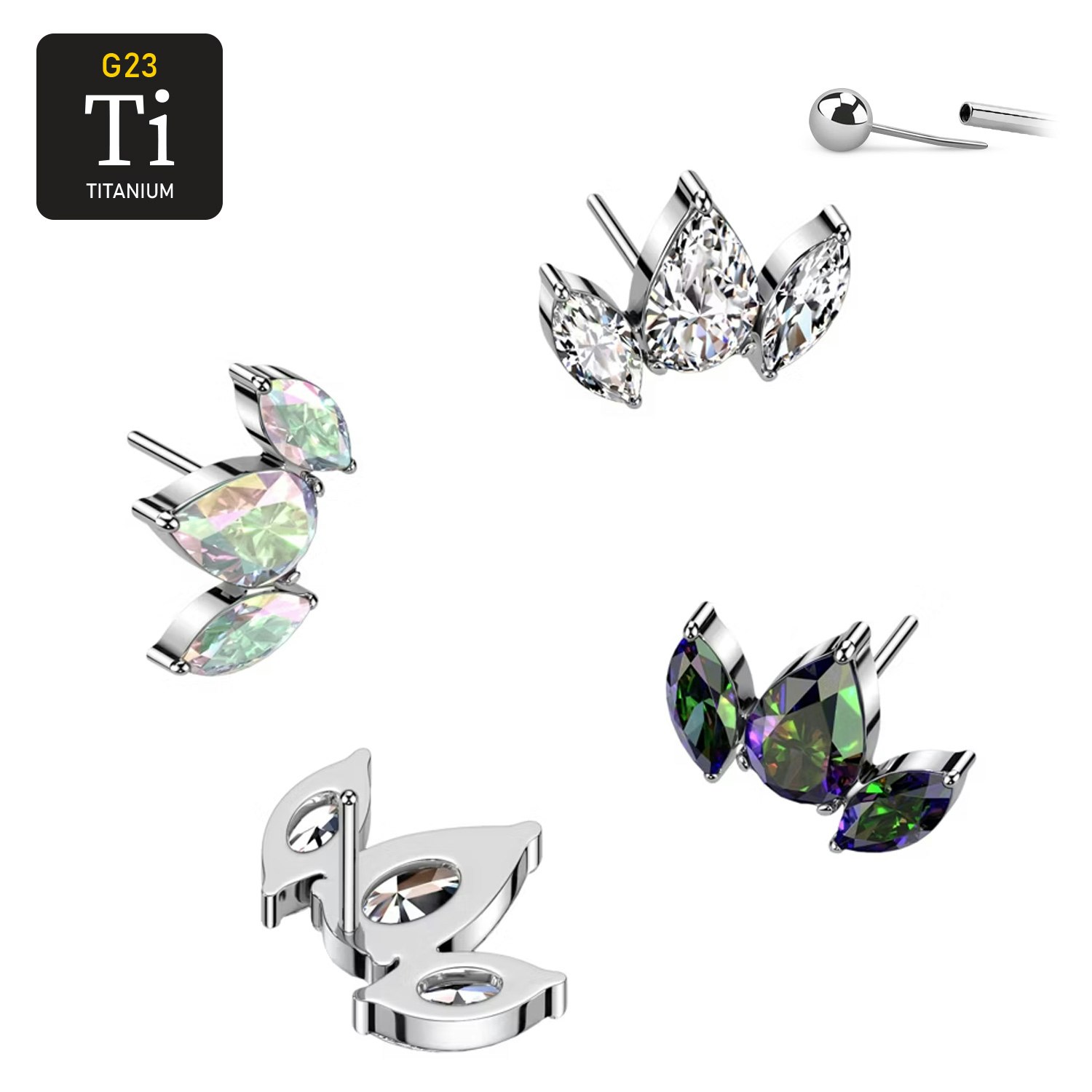 Threadless topp i titanium - 2st navettslipade och 1st droppformad CZ