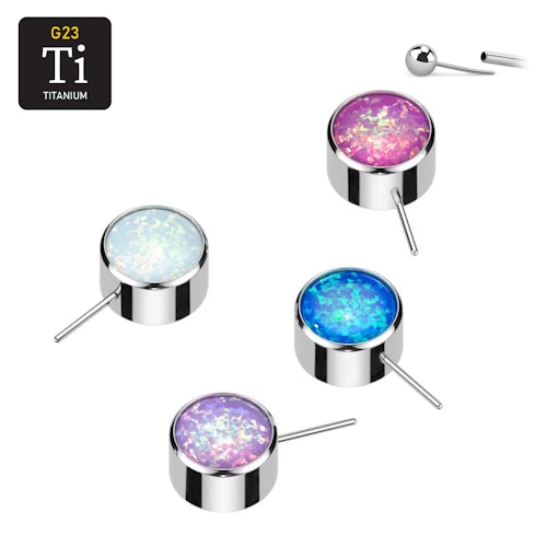Threadless topp i titanium - Frontad platt kula med opal