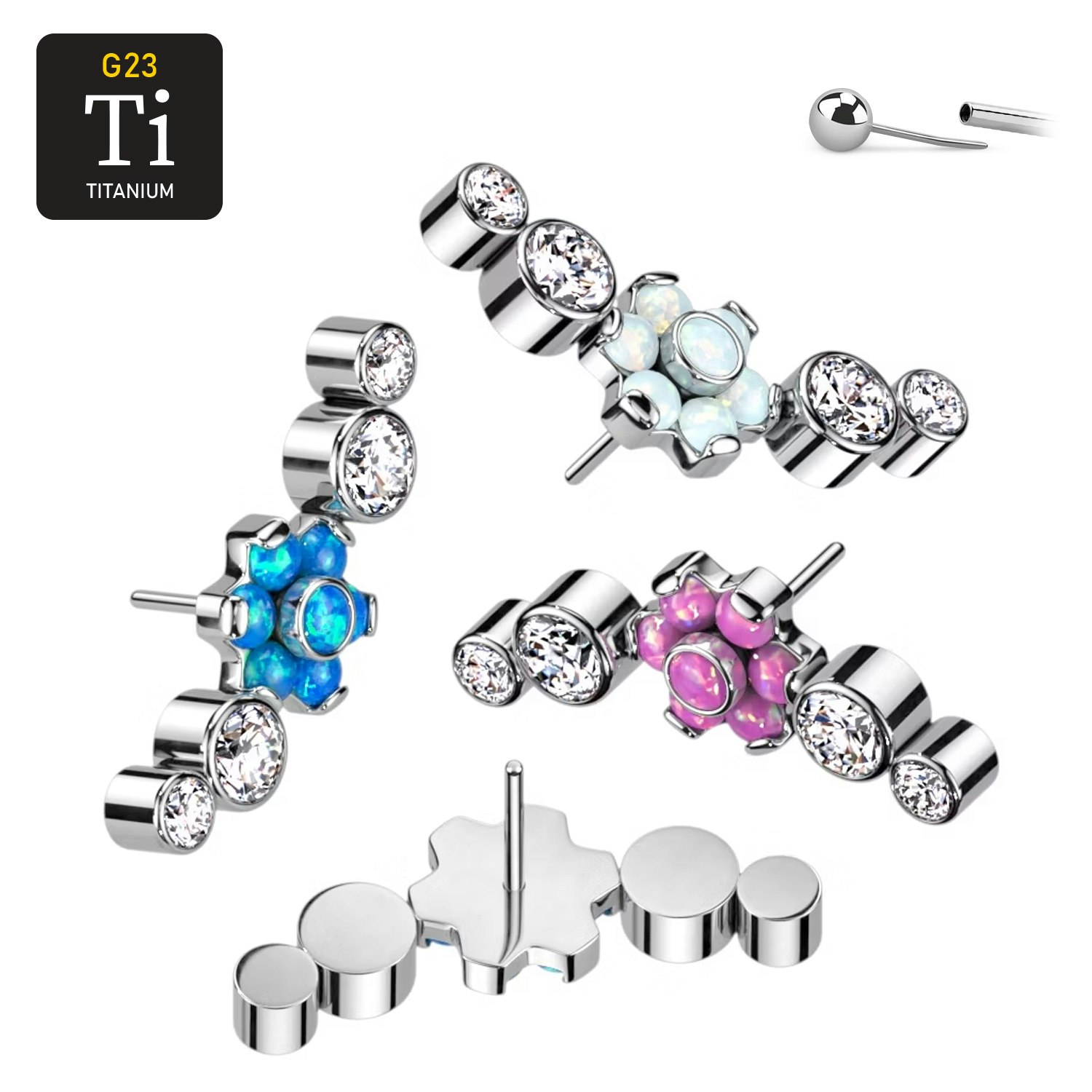 Threadless topp i titanium - Böjd topp med opalblomma och runda CZ
