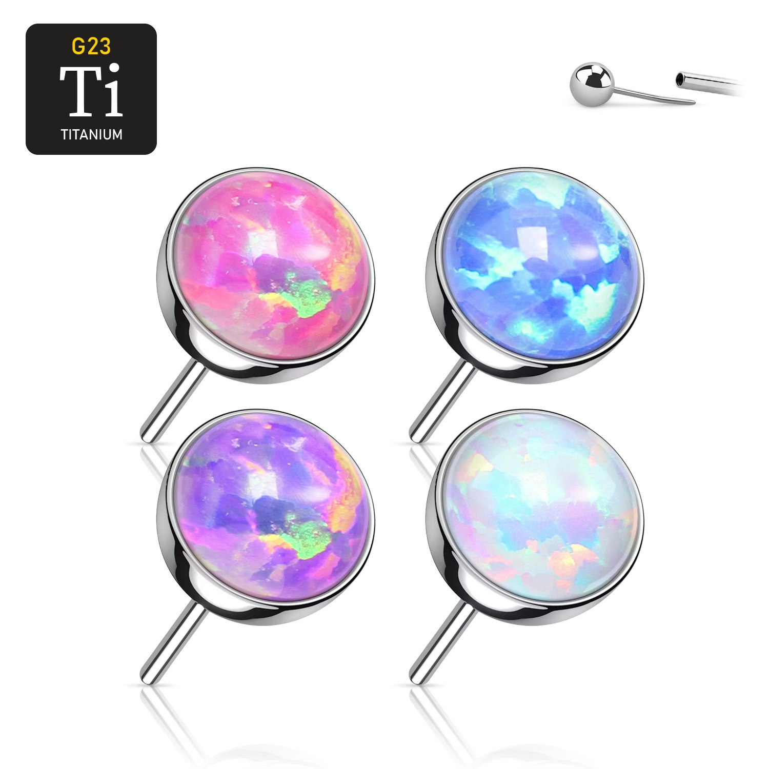 Threadless topp i titanium - Rund kula med opal