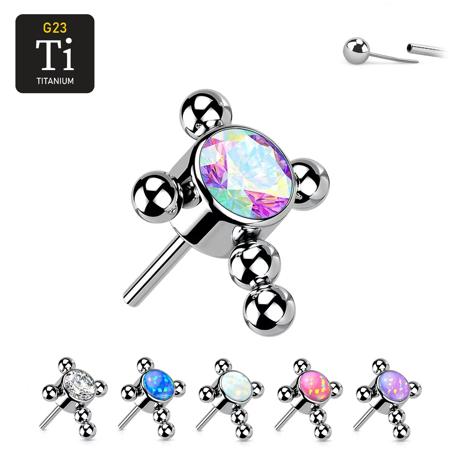 Threadless topp i titanium - Kors med kulor och opal eller CZ