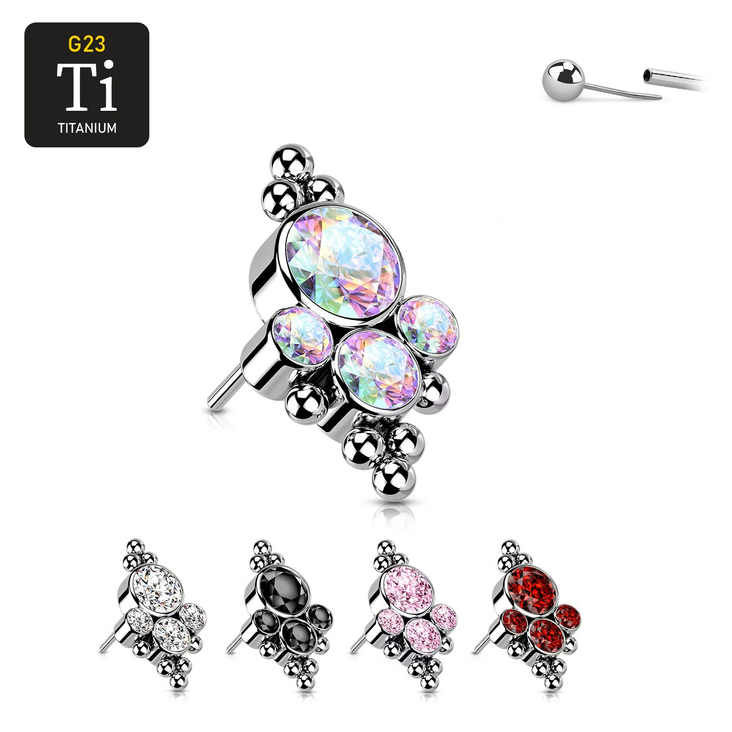 Threadless topp i titanium - Topp med 4st CZ och bollkluster