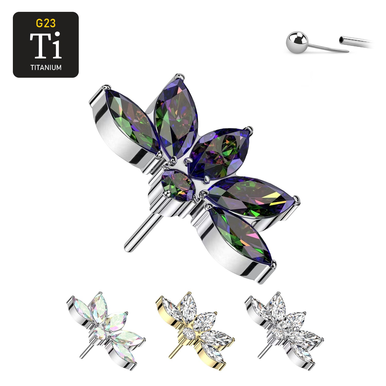 Threadless topp i titanium - Lotusblomma med navettslipade CZ