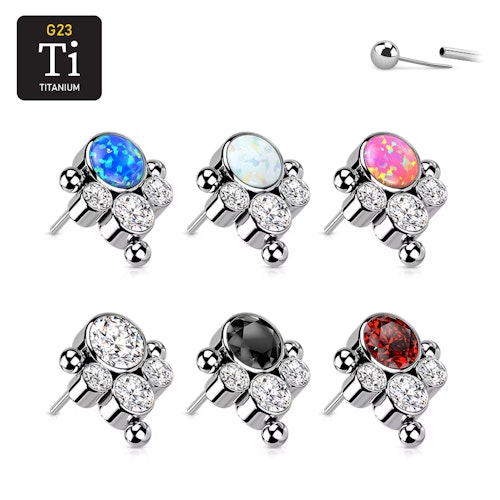 Threadless topp i titanium - Topp med 1st rund opal eller CZ och 3st CZ och kulor