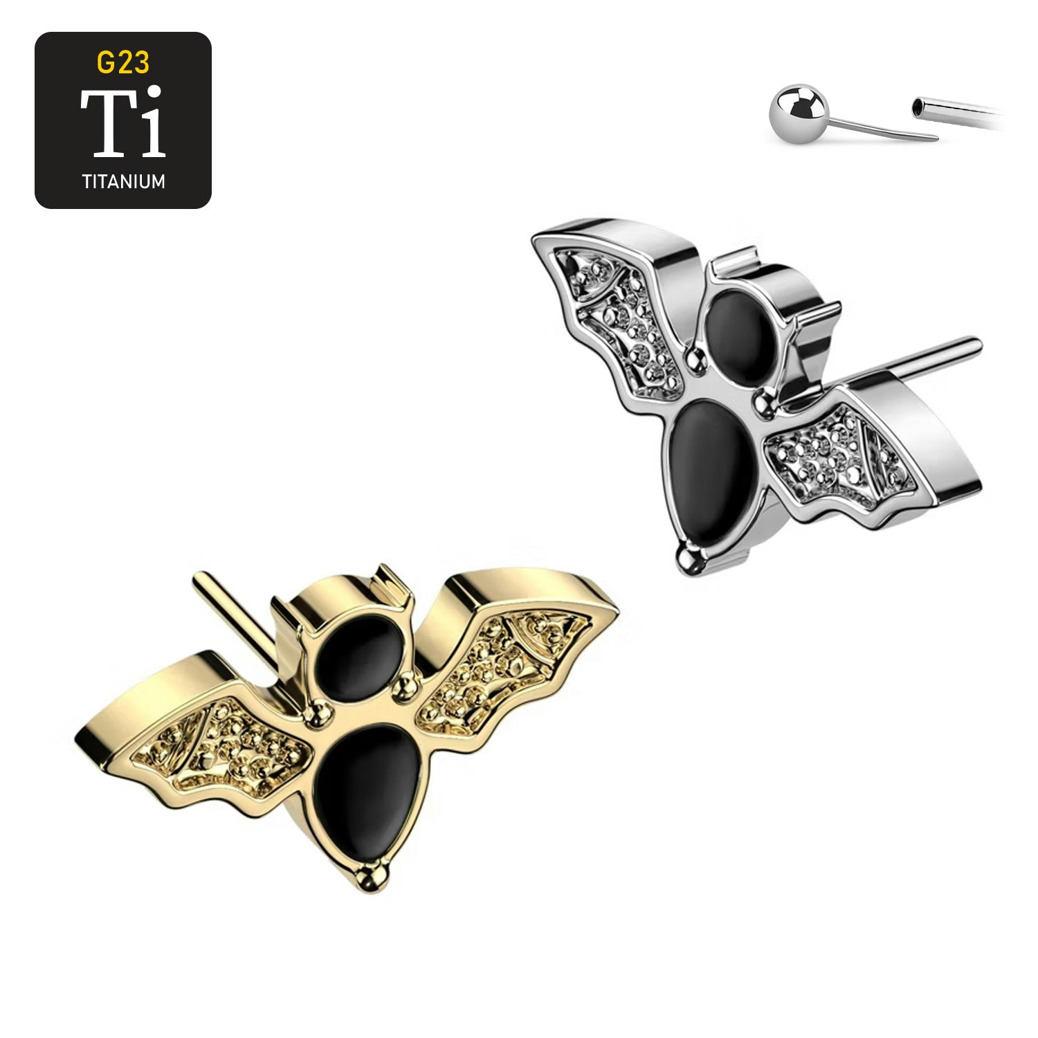 Threadless topp i titanium - Fladdermus med svart emalj