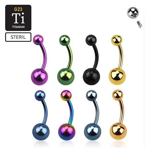 Steril banana navelsmycke i anodiserad titanium med 5 & 8mm kula