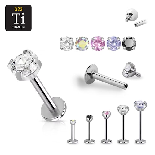 Invändigt gängad labret i titanium 1.2mm med "prong-set" cubic zirconia