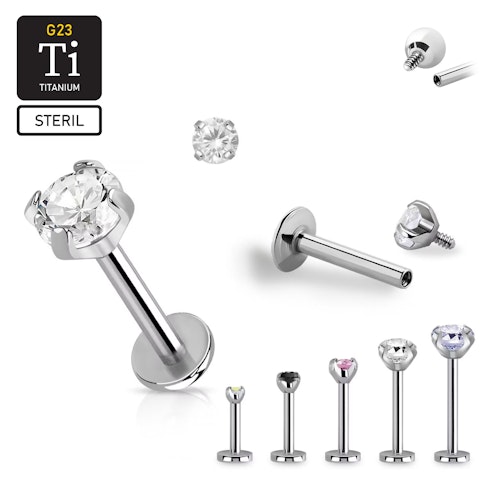 Steril titanium labret 1.2mm invändigt gängad med "Prong-set" cubic zirconia