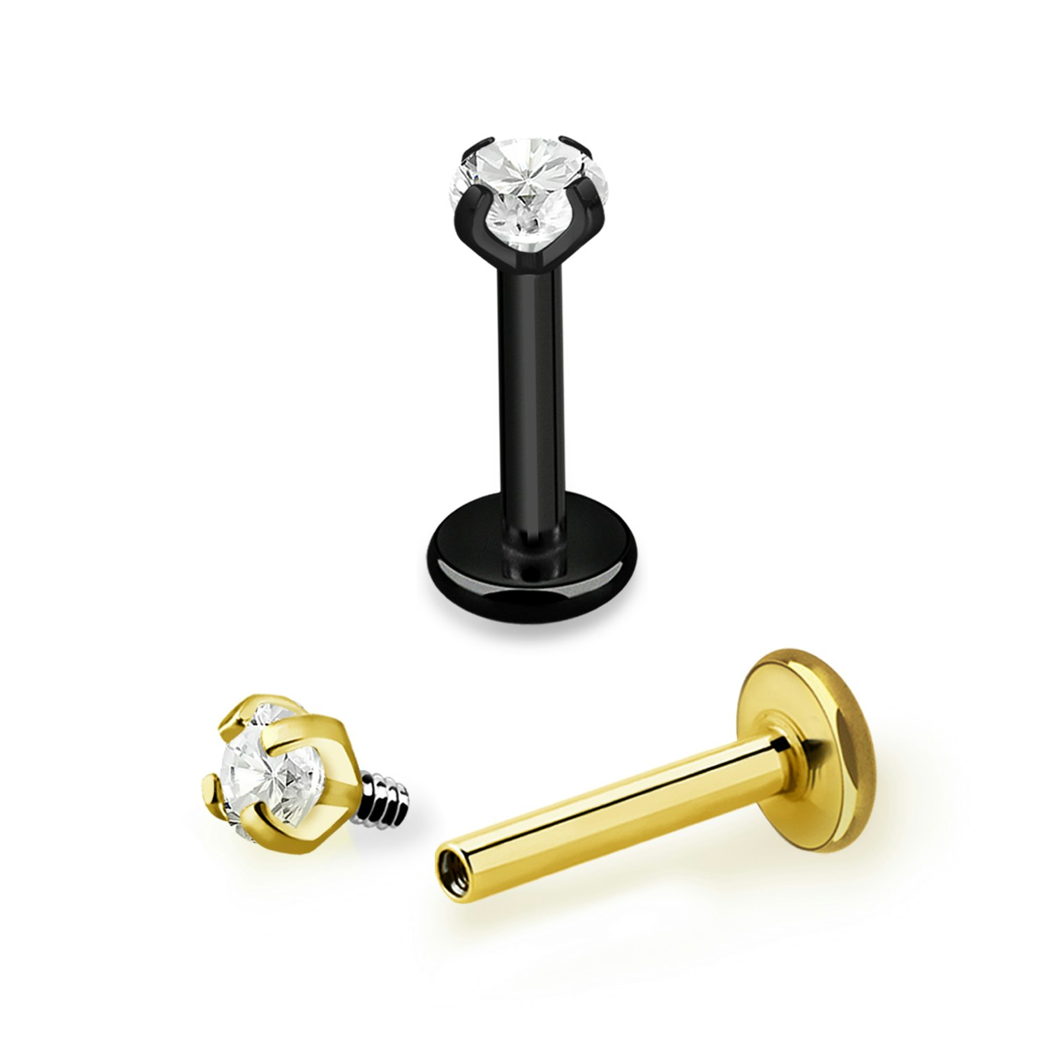 Steril titanium labret invändigt gängad 1.2mm PVD pläterad med "Prong-set" 3mm CZ