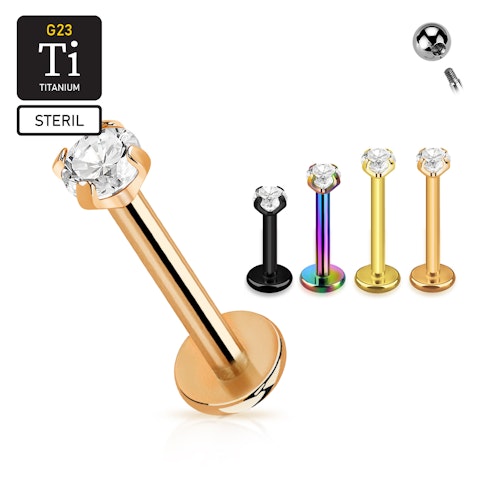 Steril titanium labret invändigt gängad 1.2mm PVD pläterad med "Prong-set" 3mm CZ