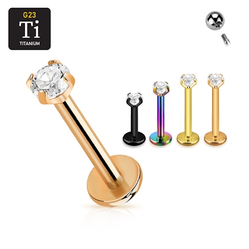 Titanium labret invändigt gängad 1.2mm PVD pläterad med "Prong-set" 3mm CZ