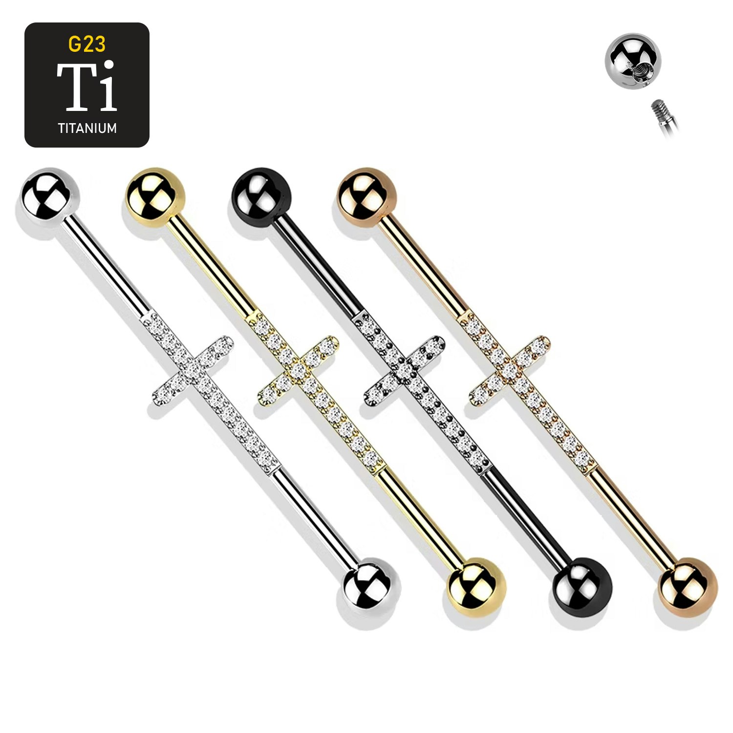 Titanium industrial barbell med kors - 1.6mm med 5mm kulor CZ