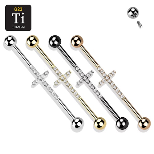 Titanium industrial barbell med kors - 1.6mm med 5mm kulor CZ