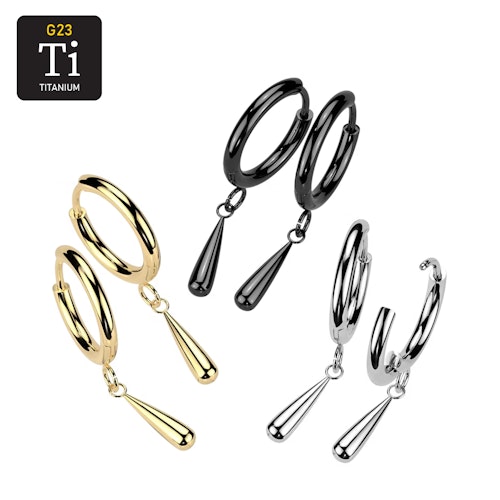 Titanium PVD Örhänge / Hoop huggie 2mm tjock med droppformat hänge (par)