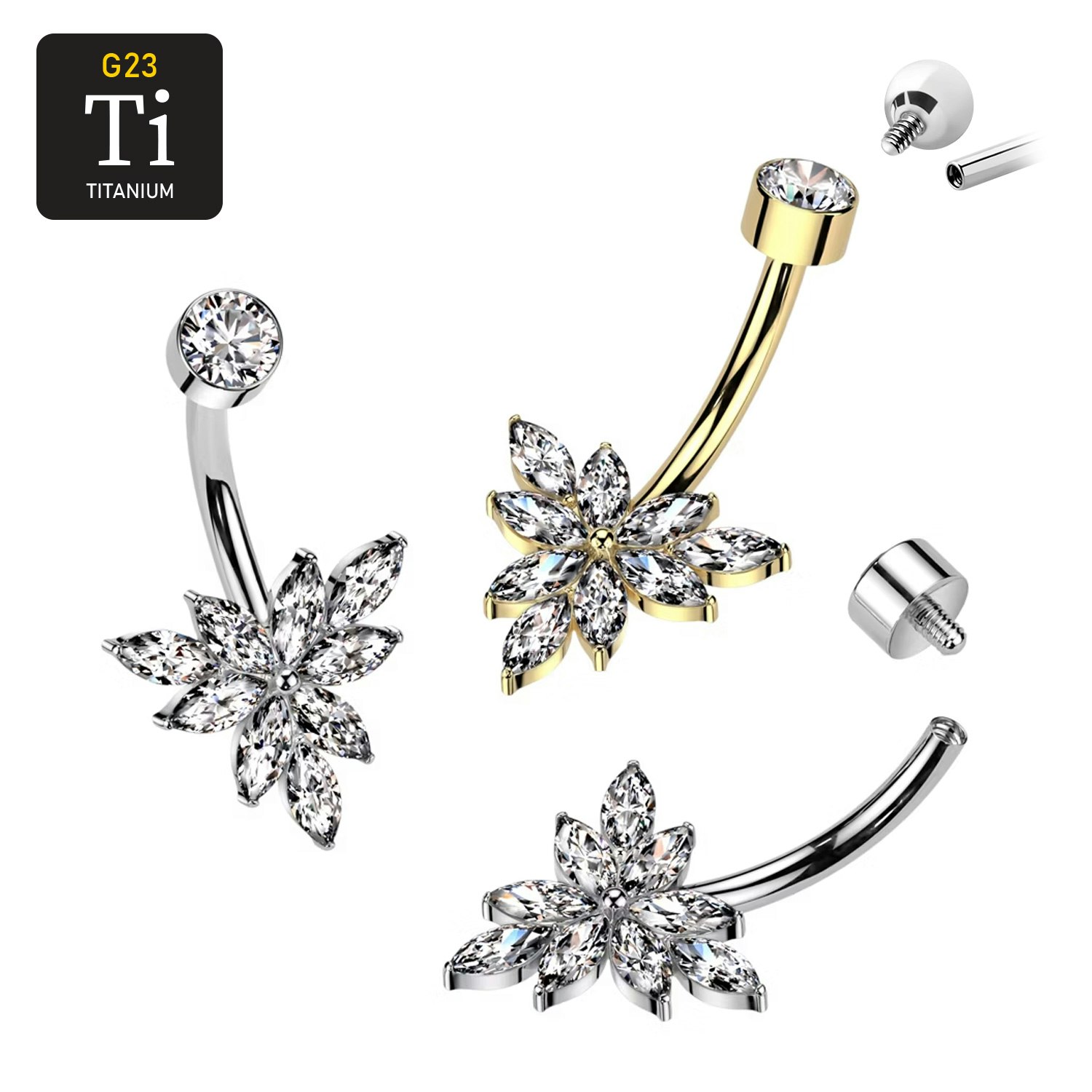 Navelsmycke i titanium - triangelformad blomma med navettslipade CZ