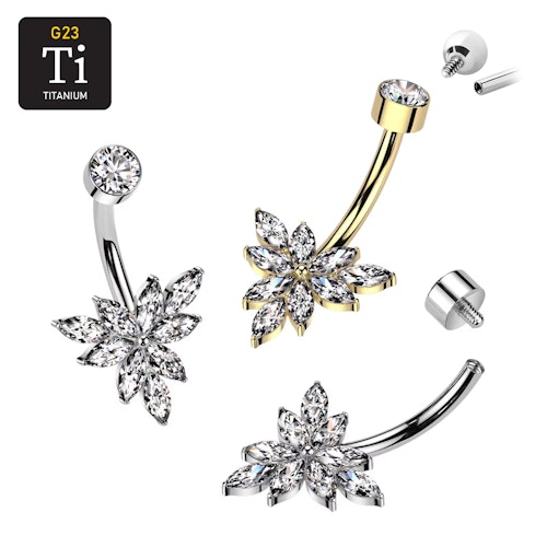Navelsmycke i titanium - triangelformad blomma med navettslipade CZ