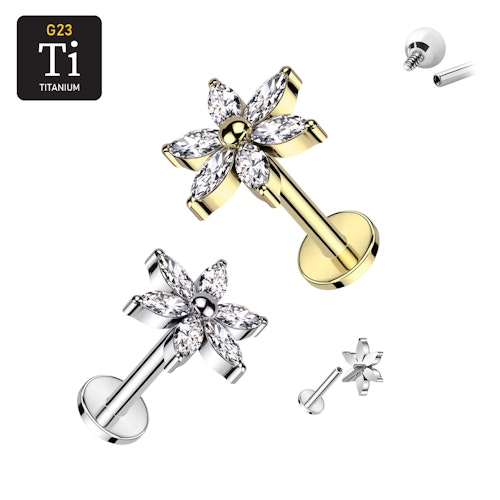 Labret i titanium 1.2mm - blomma med navettslipade cubic zirconia