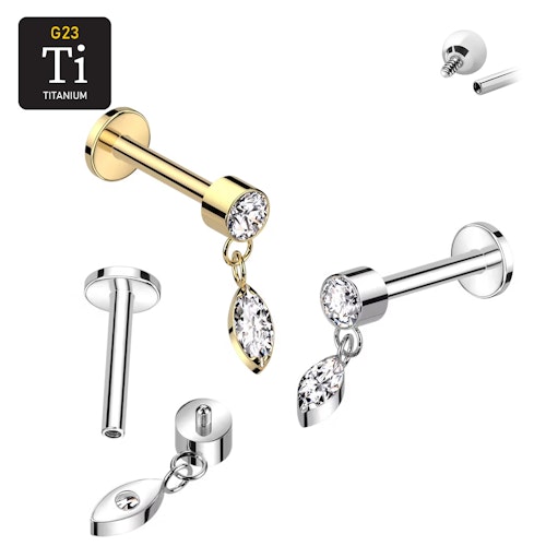 Labret i titanium 1.2mm - Hänge med navettslipad cubic zirconia
